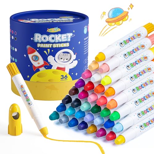 JUPITEARTH 36 Colors Rocket Tempera Paint Sticks for Kids Ages 4-8 and Toddlers, Fun Gift with Storage Bucket, Non-Toxic, Washable, Mess-Free, Twistable with Silky Smooth Feel - color: 36 Colors (Classic, Metallic, Neon, Pastel)