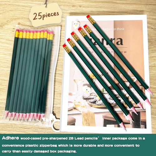 Adhere 25pcs Woodcase Pencils with Eraser Premium Pre-Sharpened Hexagon Graphite 2B pencils ideal for home, office writing including a Free Sharpener.(Dark Green) - color: Dark Green・25pcs