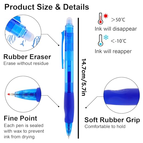 USUAL Retractable Erasable Pens 12 Blue Erasable Gel Pen 0.5mm Erasable Gel Pens Black Make Mistakes Disappear Smooth Writing Pen Office Back-to-School Supplies (Blue) - color: 12 Blue