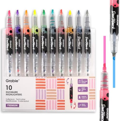 Grabie 20 Dual Tip Colors Highlighters, DuoMark Highlighter Set of 10, Dual Tone Highlighters Assorted Colors, Versatile Chisel Tip, Highlighter Markers, Note-taking