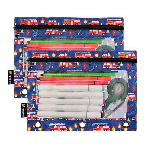 Fire Fightine Truck Binder Pouches 3 Ring for Boys Girls School Office College Supplies Cars Pencil Pouches Case Bag with Clear Window and Zipper 2 Pack - color: Fire Engine