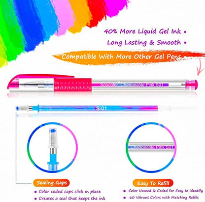 Soucolor 120 Gel Pens Set, Metallic Glitter Pastel,Refills,Drawing Kit Gift | 60 Gel Pens :Metallic,Glitter, Pastel, Neon, Rainbow & 60 Refills, Coloring Sheets — Zipper Case, Non-Toxic, Kids Adults - color: Pink