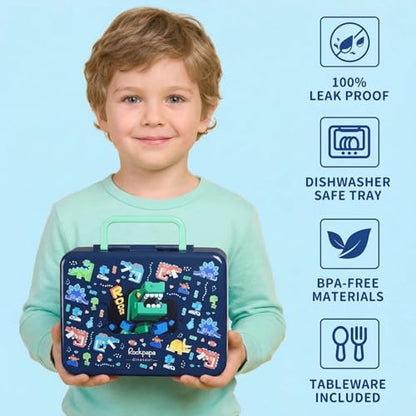 rockpapa Chill Bento Box for Kids- Large 5.5 Cups Lunch Box with Ice Pack - 5 Compartments, BPA-Free, Leak Proof, with Utensils & Portable Handle, Microwave/Dishwasher Safe (Blue Dinosaur) - color: Blue Dinosaur