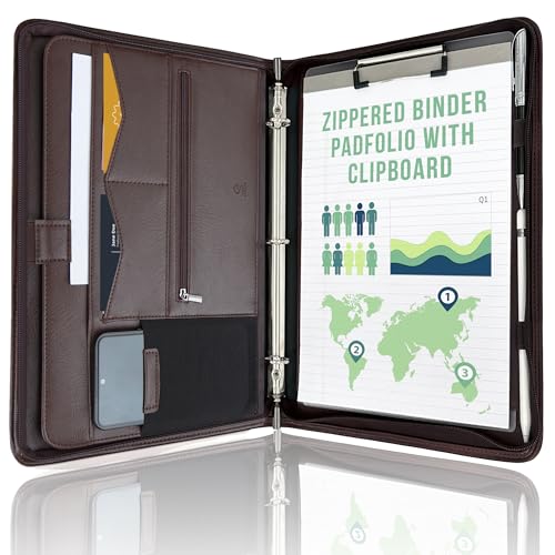 STYLIO Zipper Portfolio | Padfolio 3 Ring Binder (1") and Clipboard Folio (Removable) | Portfolio Organizer for Documents, Tablet, Phone |Faux Leather Binder for Men and Women | Walnut (Brown) Color - color: Walnut, style: Zipper Binder (3-Ring)