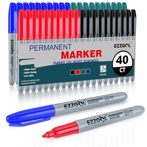 Ezzgol Multicolor Permanent Markers Bulk, 40 Packs Red Blue Green Black Fine Tip Permanent Markers, Waterproof, Quick Drying on Paper,Metal,Wood,Plastic for School,Office,Home