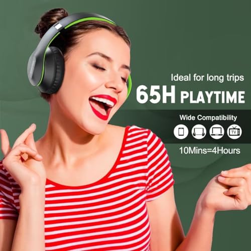 Wireless Bluetooth Headphones Over Ear 65H Playtime HiFi Stereo Headset with Microphone and 6EQ Modes Foldable Bluetooth V6.0 Headphones for Travel Smartphone Computer Laptop - color: Green