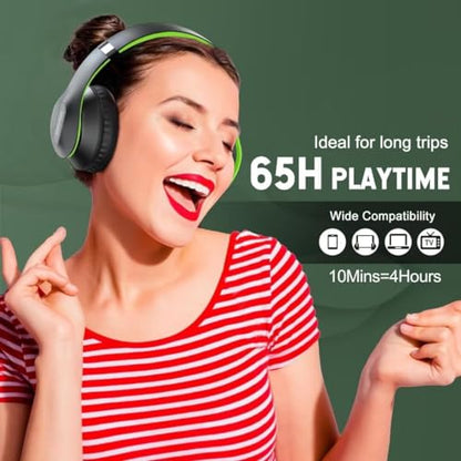 Wireless Bluetooth Headphones Over Ear 65H Playtime HiFi Stereo Headset with Microphone and 6EQ Modes Foldable Bluetooth V6.0 Headphones for Travel Smartphone Computer Laptop - color: Green