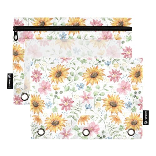 Watercolor Flowers Sunflower Pencil Pouch for 3 Ring Binder, Three Hole Pencil Case for Binder Bulk Pencil Bag with Clear Window and Zipper for Office School College, 2 Pack, 9.84*7.08in - color: Multicolor 28