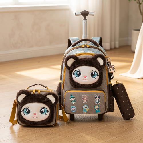 Girls Rolling Backpack for Kids with Wheels,Cute 3D Kids Rolling Backpack for School,Lightweight Kids Luggage for 6-8,Large Capacity BookBag with Wheels & Telescopic Handle - color: 3d Plush Cute Bronze