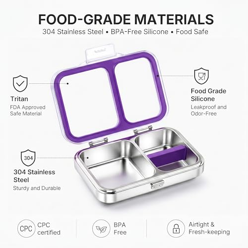 Leak-Resistant 18/8 Stainless Steel Bento Lunch Box Kids 7+ and Adults | 2 Swappable Style Accessories, BPA-Free Tritan Lid, Dishwasher Safe, School, Office & Travel - color: Purple