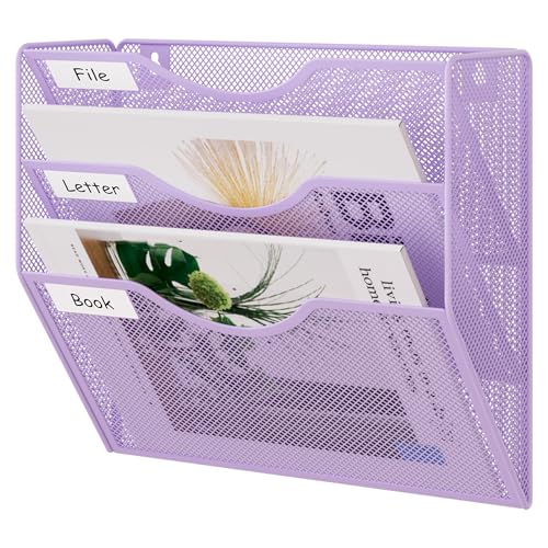 EasyPAG 3 Pocket Mesh Wall File Organizer, Hanging Paper Folder Holder with Classify Label, Vertical Wall Mount Mail Organizer for Office Home Classroom, Purple - color: Purple, size: 3 Tier
