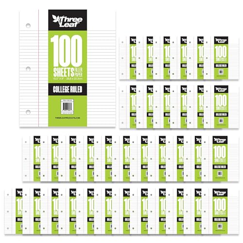 THREE LEAF 100 Sheets FILLER PAPER 10.5x8, College Ruled Paper, 3 Hole Punch, Loose Leaf Notebook Paper for 3 Ring Binders, for School Supplies, Journal, Assignment, Notes white Sheet.… (Pack of 36)