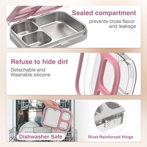 HOMEKOL Stainless Steel Bento Lunch Box, Pink, 3.3Cups | 3-Compartment,Leak-Proof, for Kids & Adults, BPA-Free, Dishwasher Safe, Clear Tritan Lid, 800ml (Not Insulated) - color: Pink, size: 27oz (800ml)