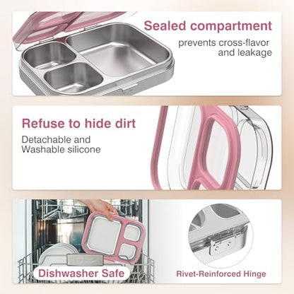 HOMEKOL Stainless Steel Bento Lunch Box, Pink, 3.3Cups | 3-Compartment,Leak-Proof, for Kids & Adults, BPA-Free, Dishwasher Safe, Clear Tritan Lid, 800ml (Not Insulated) - color: Pink, size: 27oz (800ml)