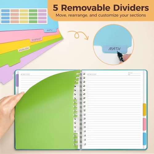 Hardcover Spiral Notebook Journal for Women & Men, Cute 5 Subject Notebook College Ruled for School & Work, Journaling Notebooks with Removable Dividers Tabs, 8" x 10", 300 Pages, Teal Gradient - color: Teal Gradient