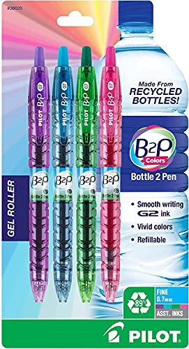 Pilot B2P Colors - Bottle to Pen Refillable & Retractable Rolling Ball Gel Pens Made From Recycled Bottles, Fine Point, Assorted Color G2 Inks, 0.7mm, 4-Pack - size: 4 Count (Pack of 1)