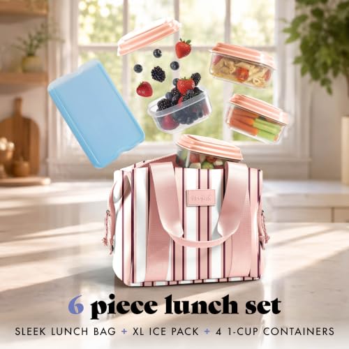 Fit & Fresh Remi Lunch Bag for Women Work – Neoprene Lunch Tote with Containers & Ice Pack, Reusable Meal Prep Lunch Box, Large Capacity, Machine Washable - color: Pink Chunky Stripe