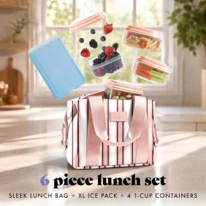 Fit & Fresh Remi Lunch Bag for Women Work – Neoprene Lunch Tote with Containers & Ice Pack, Reusable Meal Prep Lunch Box, Large Capacity, Machine Washable - color: Pink Chunky Stripe