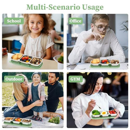 3 Compartment Stainless Steel Snack Containers. | Reusable Snackle Box Container with Leakproof Lids Metal Bento Lunch Boxs Food Storage Containers for Travel Picnics Office - color: 01-GN