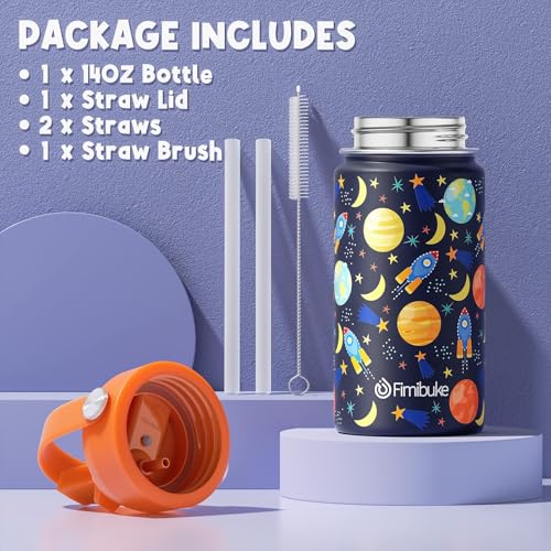 Fimibuke Kids Insulated Water Bottle, 14oz BPA FREE 18/8 Stainless Steel Travel Tumbler Double Wall Vacuum Leak Proof Kids Cups with Straw Metal Water Bottles for School Boys Girls (1 Pack, Trucks) - color: A5. Construction Trucks