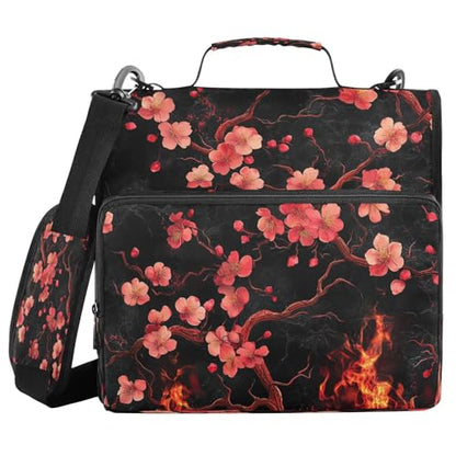 School Zipper Binder Cherry Floral Black Decor Trapper Keeper 3 Ring Binder Bag Multiple Pockets & Storage Organizer, 500 Sheet Capacity with Shoulder Strap