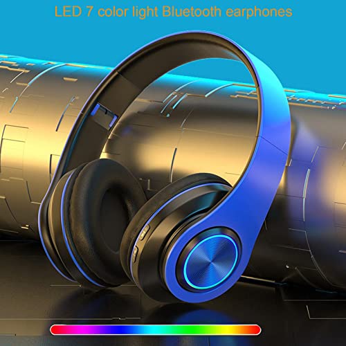 Kids Bluetooth Over Ear Headphones, Colorful LED Lights Headphones with Built-in Mic, Bluetooth 5.0, Wired and Wireless Foldable Stereo Headphones for Classroom/Home Office/Tablet/Airplane(Blue) - color: Blue