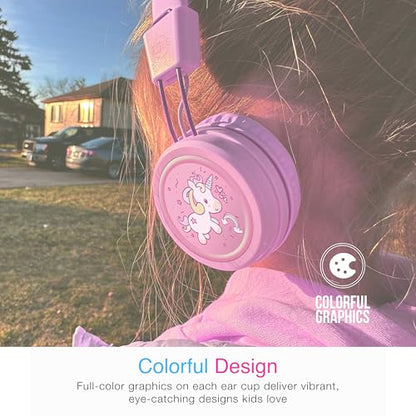 MEE audio KidJamz KJ55 Wired Children’s Headphones with 3.5mm Plug, Colorful Graphics, Volume Limiter & Microphone, Adjustable On-Ear Kids Headset for Online Learning/School/Travel/Tablet (Pink) - color: Pink, style: Standard