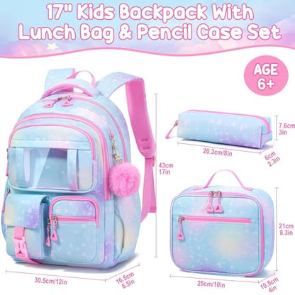 Fimibuke Kids Backpack for School Girls, 3Pcs Waterproof Girls Backpack with Lunch Box & Pencil Pouch - Lightweight Blue Bookbag for Ages 6+ Elementary Middle School Teens - color: A3.Clear Sky Blue