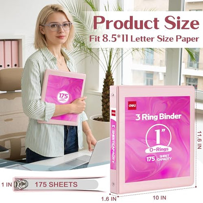 Deli 1-inch 3 Ring Binder with 2 Interior Pockets, 175 Sheets Capacity, 1 inch Binders fits 11" x 8.5" US Letter Size, Pink, 2 Pack