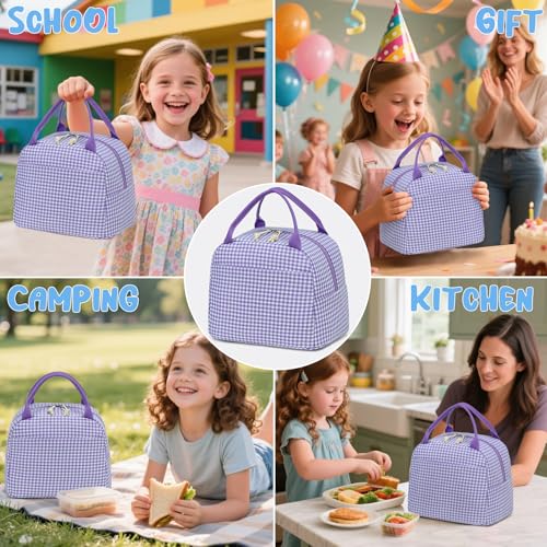 CAMTOP Lunch Box Kids Insulated Lunch Bag Large Reusable Leakproof Cooler Lunch Bags for Boys Girls School Travel Picnic (Purple and White Checkered) - color: Purple and White Checkered