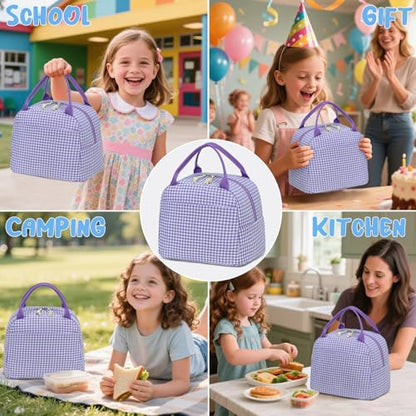 CAMTOP Lunch Box Kids Insulated Lunch Bag Large Reusable Leakproof Cooler Lunch Bags for Boys Girls School Travel Picnic (Purple and White Checkered) - color: Purple and White Checkered