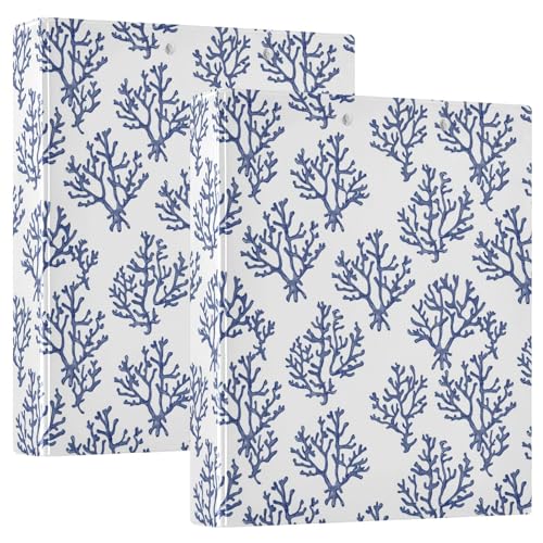 Coral Navy Blue and White 3 Ring Binder 1.5" Decorative D-Ring Binder with Clipboard&3 Clear Pockets, Holds 200 Sheets A4 Size Paper Waterproof Binders for School Home Office|2 Pack - color: Blue Sea Coral, size: 12.4x10.63x2.36 Inch-2 Pack