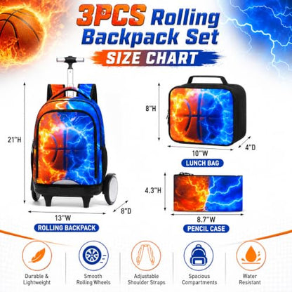 gxtvo Large Wheels & Quiet Glide | Rolling Backpack for Kids - Water-Resistant Wheeled Bag with Lunch Box for School, Travel & Outings - Fire & Lightning Basketball - color: Rolling Backpack Fire Lightning Basketball