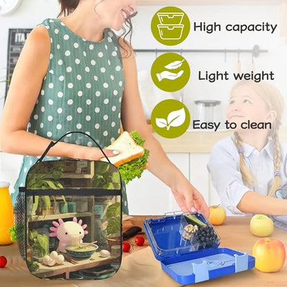Axolotl Eating Ramen Kids Lunch Bag Insulated Lunch Box Cooler Freezable Meal Prep Bag with Shoulder Strap Waterproof Lunch Container for Boys Girls School Office Picnic - color: Axolotl Eating Ramen