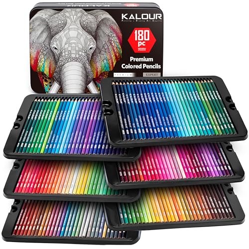 KALOUR 180 Colored Pencil Set for Adults Artists - Rich Pigment Soft Core -12 Metallic Pencil - Ideal for Coloring Drawing Sketching Shading Blending - Vibrant Color（Tin Case） - color: Multicolor