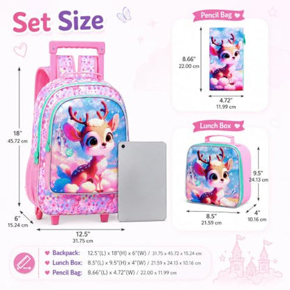 gxtvo Girls Rolling Backpack, Cute Deer Roller Wheels Kids Bookbag - Wheeled Elementary School Bag - 3PCS Deer - color: Uv Printing Clouds Sika Deer Rolling Backpack