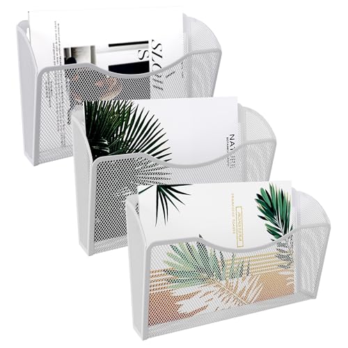 EasyPAG Wall File Organizer 3 Pack, Hanging File Organizer Wall Mount, Metal Mesh Folder Holder for Letter/A4 Papers, Mail Sorter for Office, Classroom, Home, White - color: White