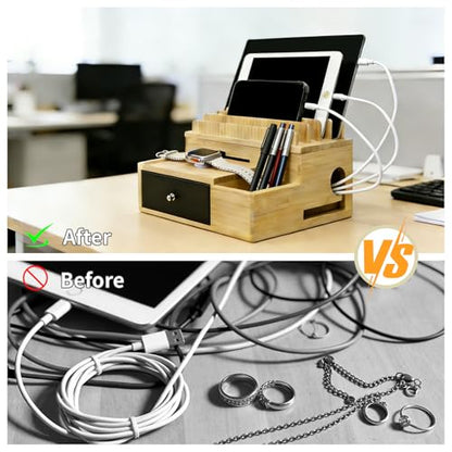 Bamboo Charging Station Organizer with 5-Cables, No USB Charger | for Multi-Devices, with Drawer and Pen Holder, Nightstand Desk Charging Stations Organizer for Cell Phone, Tablet, Etc