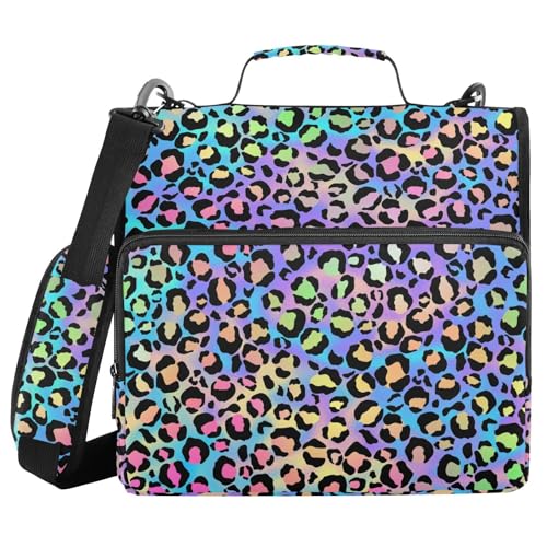 Neon Leopard Pattern 3 Ring Zipper Binder with Shoulder Strap & Handle 2 Inch D-Ring Zippered Binder Bag with Multiple Pocket & Pencil Pouch, Binder Organizer for School or Office - color: Neon Leopard