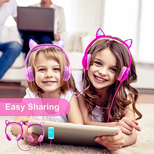 Olyre Kids Headphones, Safe 85db Volume Control Light Up Cat Ear Headphones Purple-Pink and All-Pink