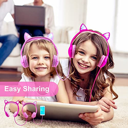 Olyre Kids Cat Ear Headphones, Girls Wired Headset, Audio Sharing Jack, Mic | LED Light-Up kitty headphones; Fun design; Volume limited; Tangle-Free cord; Toddlers, preschools, airplane, classroom - color: All-Pink