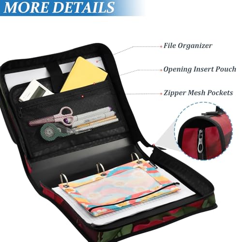 Red Rose Black Roses Zipper Binder Bag 3 Ring Binder with Shoulder Strap Zip Up 500 Sheets Capacity Multi Pockets for School Office Supplies - color: Multi2761, size: Fit 500 Sheets