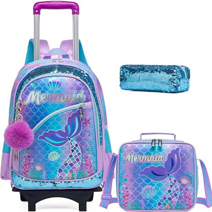 Meetbelify Girls Cute Backpack with Wheels for Elementary Students Kids Black Travel Luggage - color: Blue Mermaid