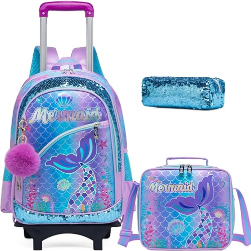 Meetbelify Girls Cute Backpack with Wheels for Elementary Students Kids Black Travel Luggage - color: Blue Mermaid