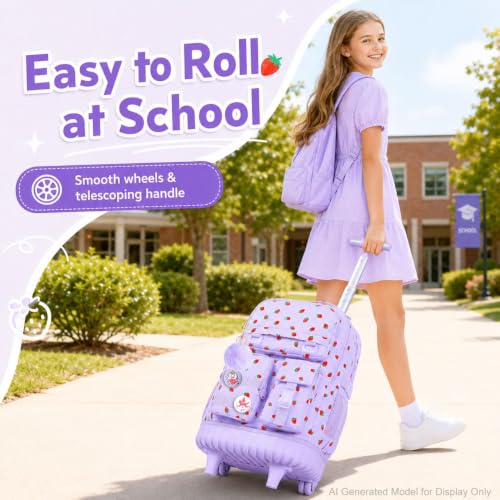 CCJPX 3Pcs Rolling Backpack for Girls, Roller Wheeled School Bookbag, Strawberryra Wheels Backpacks with Lunch Box for Kids (Purple) - color: Strawberry Purple