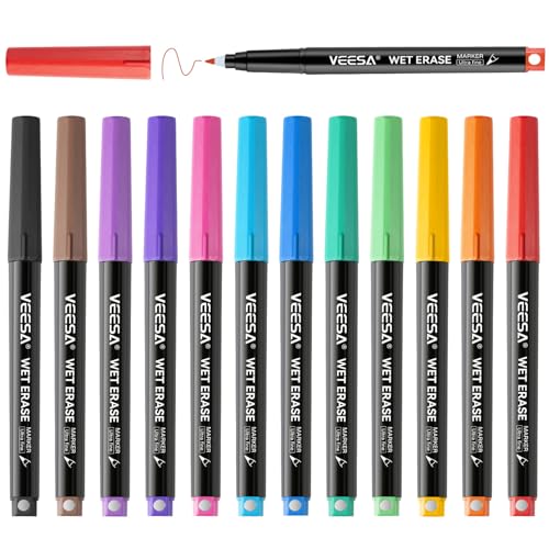 VEESA Magnetic Wet Erase Markers, Ultra Fine Tip (0.7mm),12 Colors | Low-Odor Ink, Designed for Whiteboards & Planning Boards - size: 1 Count (Pack of 12)