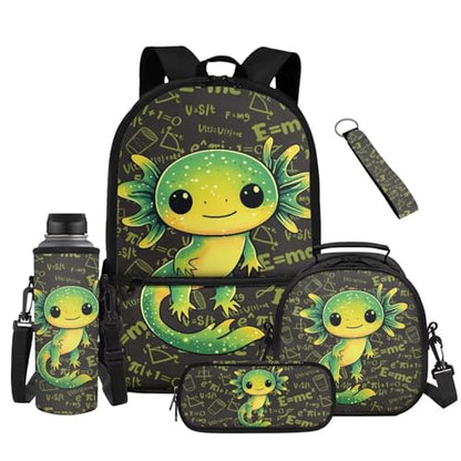 Green Axolotl School Backpack Set 5 Pieces with Lunch Bag Pencil Case and Water Bottle Holder for Kids Girls Boys Elementary and Middle School - color: Green Axolotl