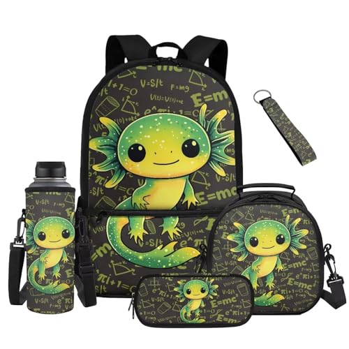 Green Axolotl School Backpack Set 5 Pieces with Lunch Bag Pencil Case and Water Bottle Holder for Kids Girls Boys Elementary and Middle School - color: Green Axolotl