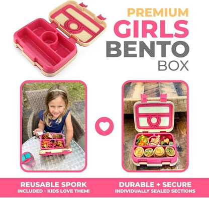 kinsho Bento Lunch Box for Kids Toddlers Girls, 4 Portion Sections Secure Lid, Microwave Safe BPA Free Removable Tray, Pre-School Kid Daycare Lunches Snack Container Ages 3 to 5, Cute Summer - color: Cute Summer Bento