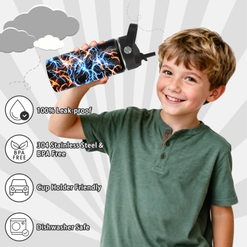 Hiboss Lightning Water Bottle for Boys, 16oz Kids Stainless Steel Insulated Water Bottle with Straw Lid, Lightning Cup Tumbler Gifts for School, Sport, Travel - color: Lightning